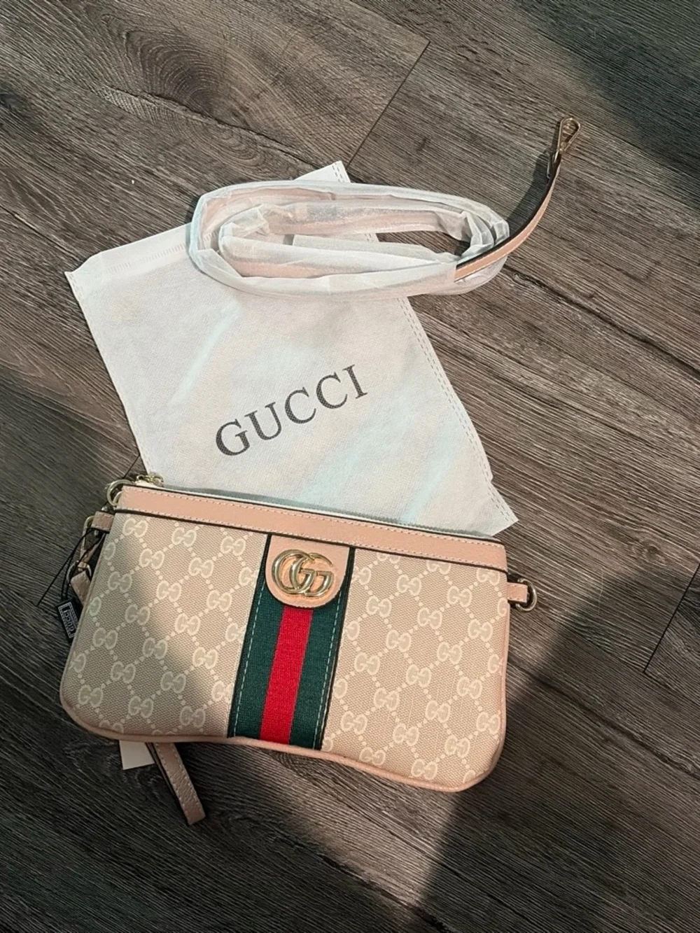 Gucci Beige Monogram Wristlet with Green and Red Web Stripe